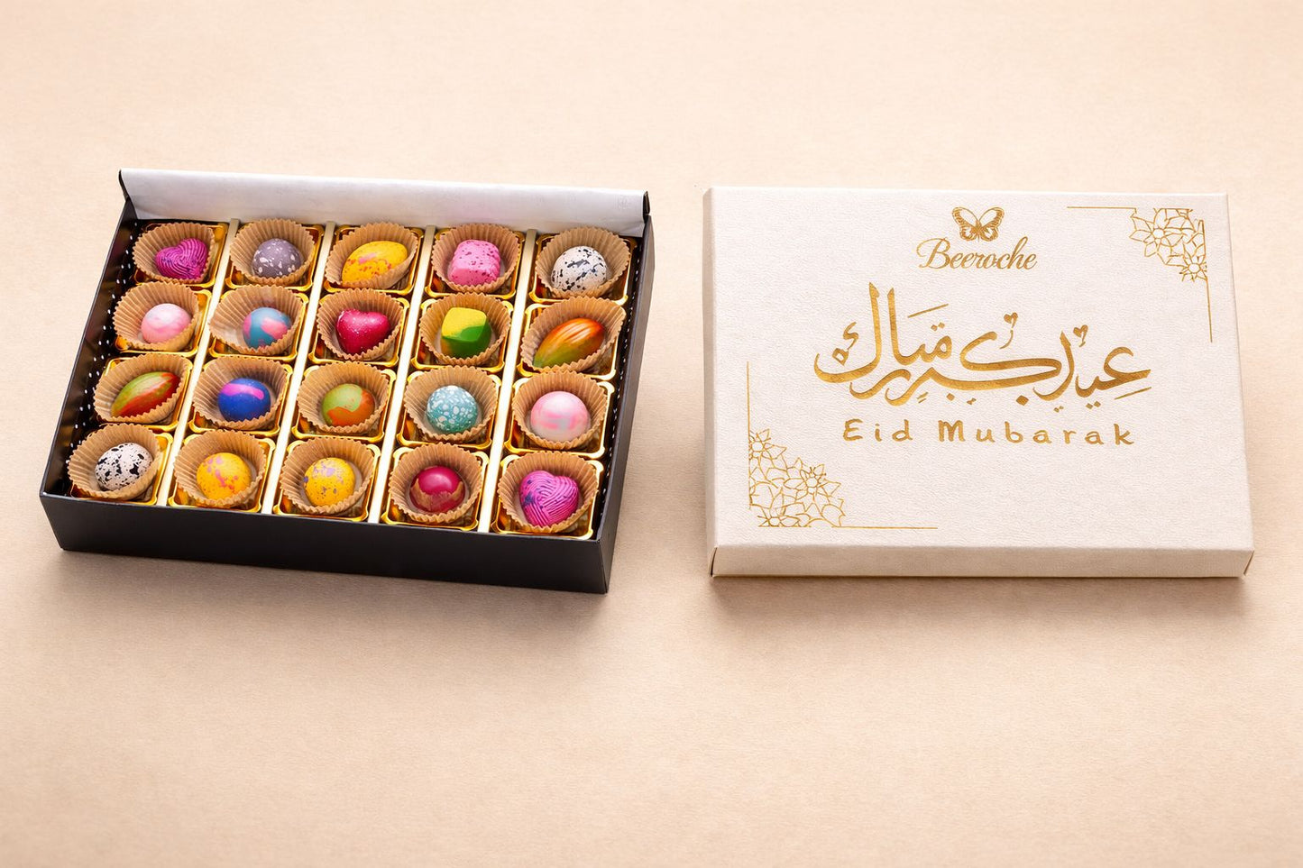 Eid Chocolate gifts - Colorful bonbons in an elegant Eid Mubarak box, perfect for gifting during Eid.