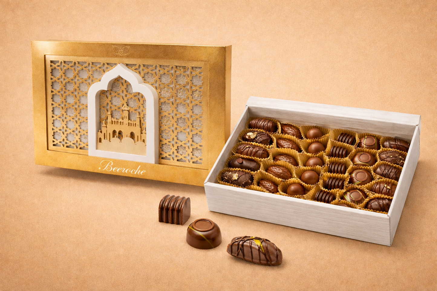 Luxurious Ramadan Gifts heritage wooden chocolate box with assorted chocolates and dates.