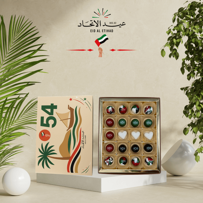 Celebration of UAE National Day with festive chocolates and decorations in a modern setting.