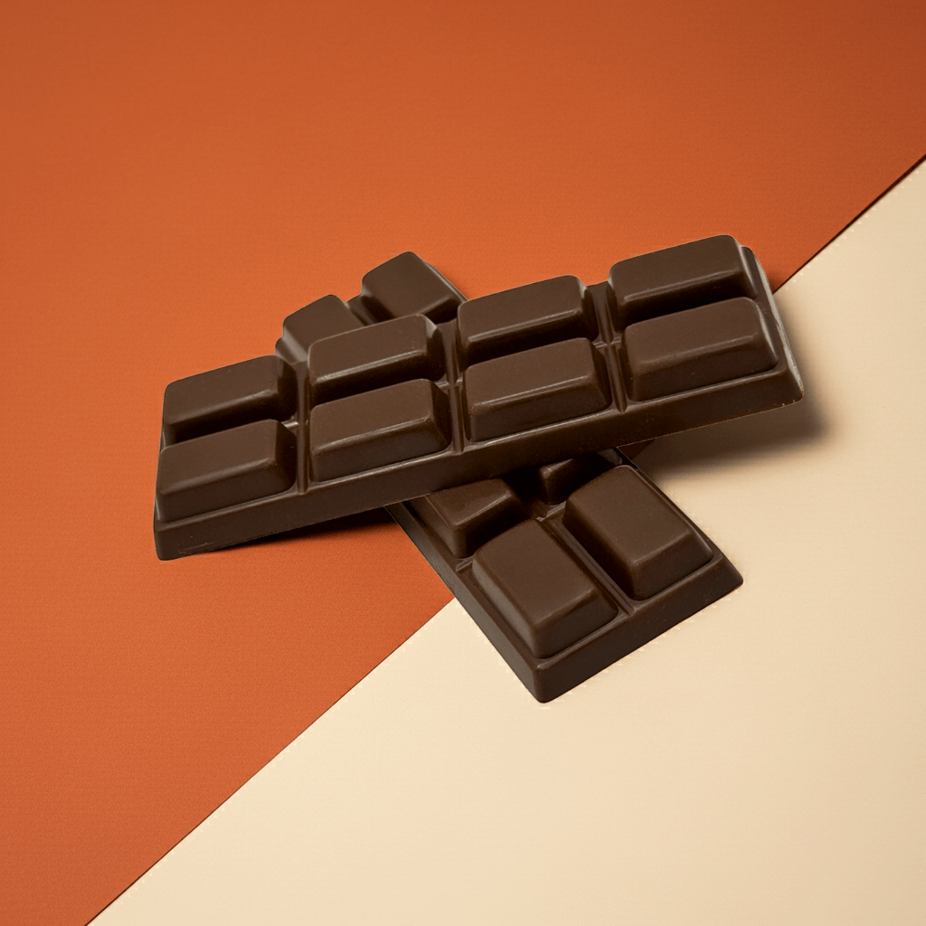 Keto Chocolate bars stacked on an orange and beige background, perfect for keto friendly treats.