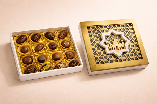 Ramadan Gifts - Heritage wooden box filled with assorted chocolates and dates for distinguished gifting.