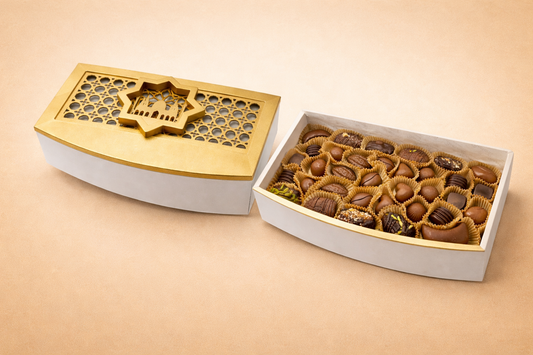 Ramadan Gifts-Heritage Wooden Chocolate Box with assorted chocolates and dates, inspired by Islamic design.
