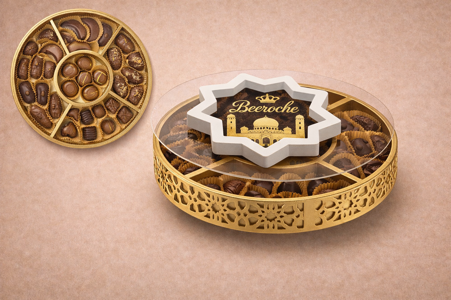 Ramadan Gifts - Elegant chocolate tray featuring assorted stuffed chocolates in a decorative box.