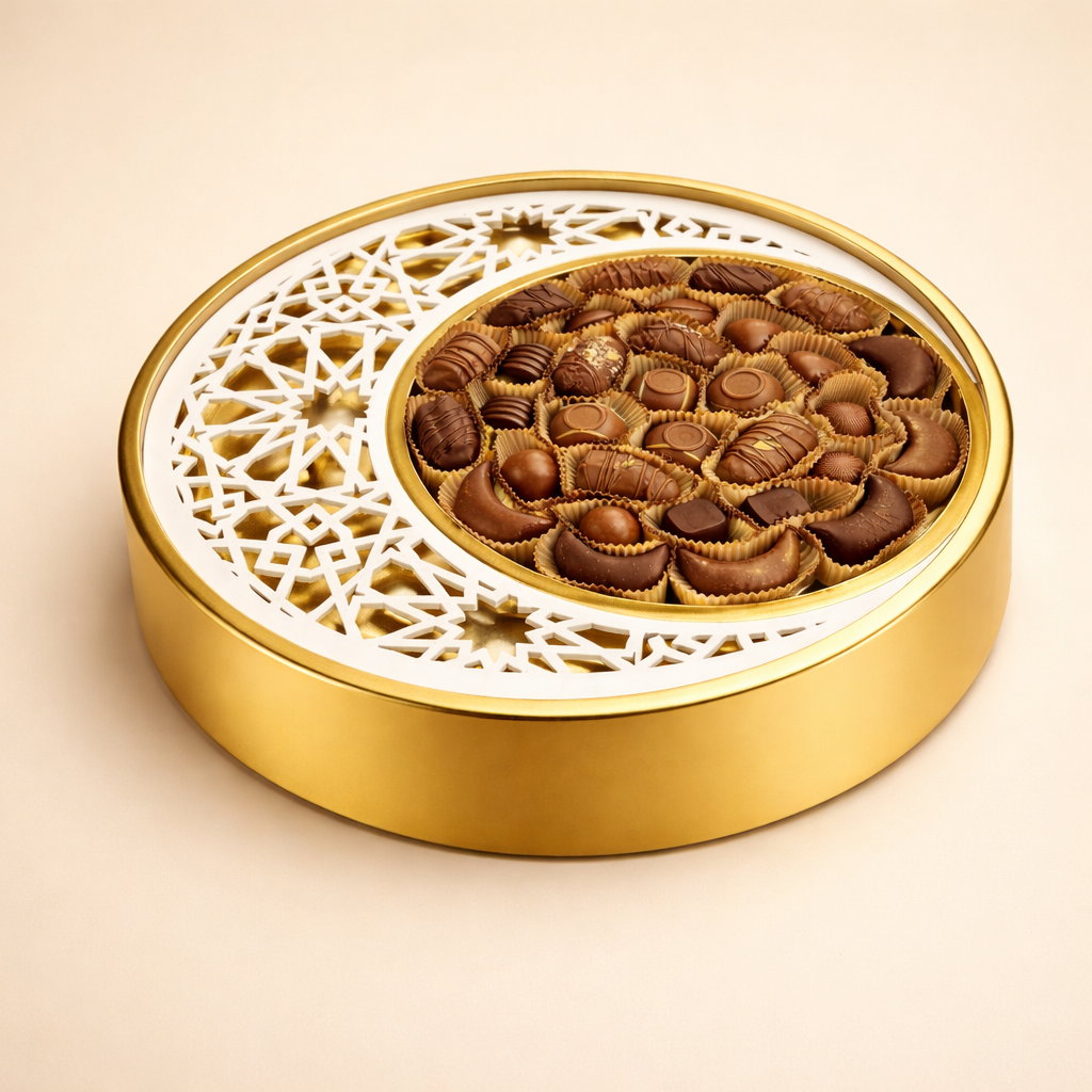 Ramadan Gifts - Golden crescent tray filled with chocolate-dipped stuffed dates and assorted chocolates.