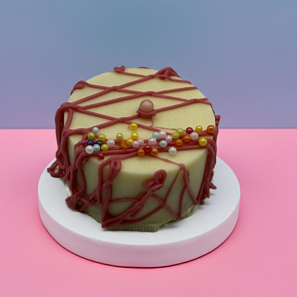 Maxi CakeSicles and cake pops on a white cake stand with colorful decoration.
