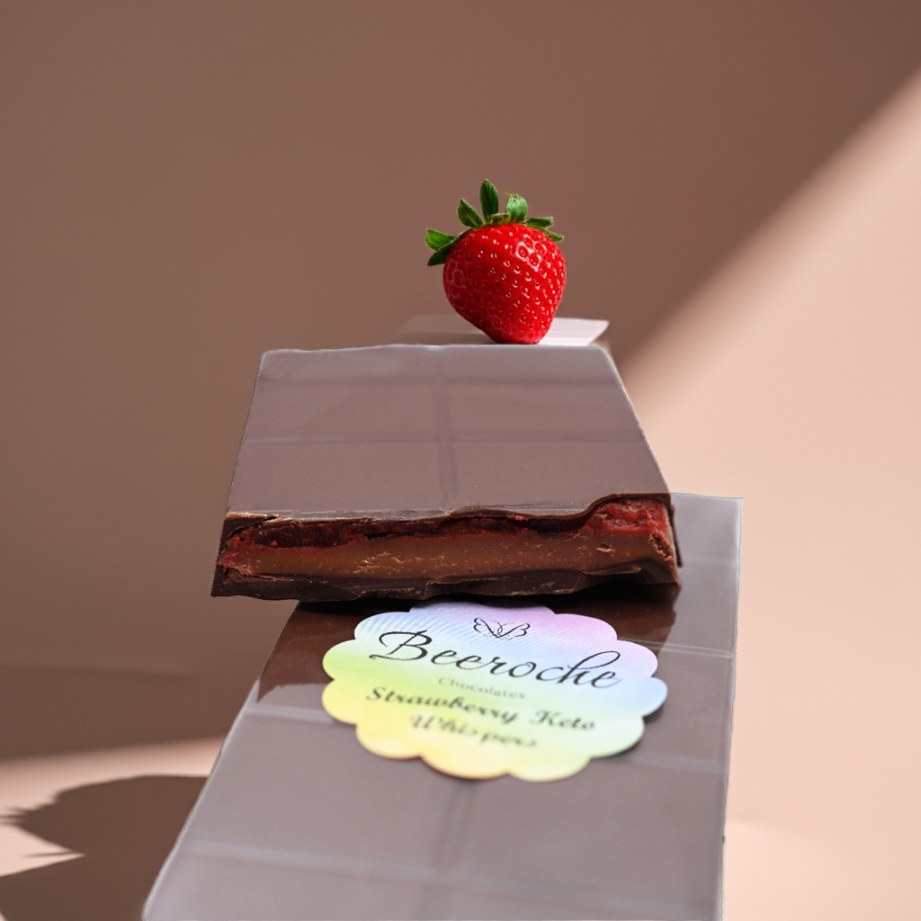 Keto Chocolate Strawberry Keto Whispers with strawberry on top, showcasing creamy chocolate and strawberry jam.