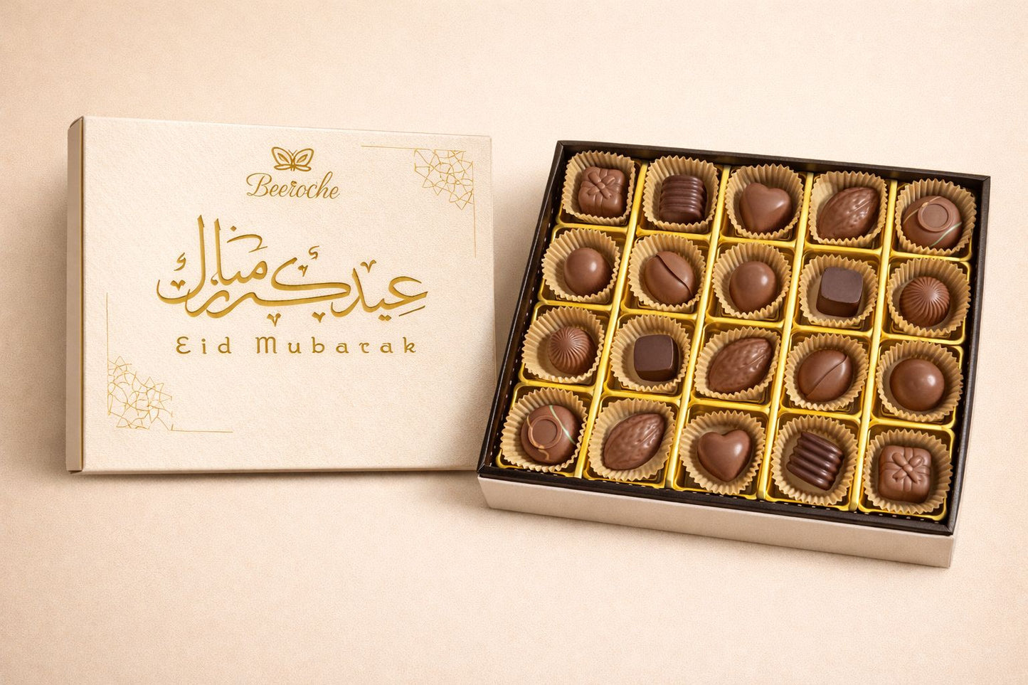 Eid Chocolate gifts - Eid Mubarak Box filled with assorted handcrafted chocolates.