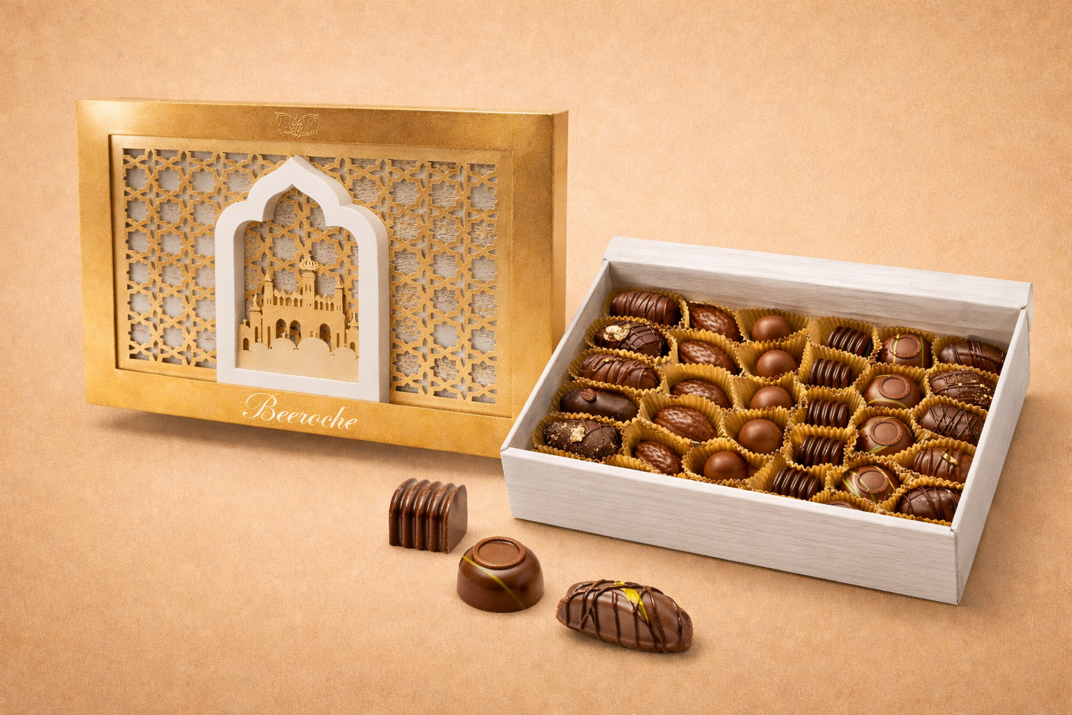 Luxurious Ramadan Gifts heritage wooden chocolate box with assorted chocolates and dates.